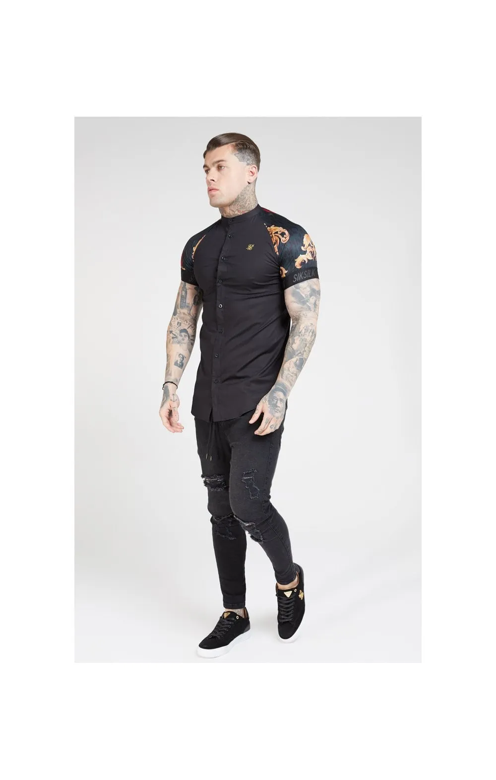 SikSilk S/S Grandad Collar Shirt - Jet Black & Floral Animal sold by Siksilk product image thumbnail 4