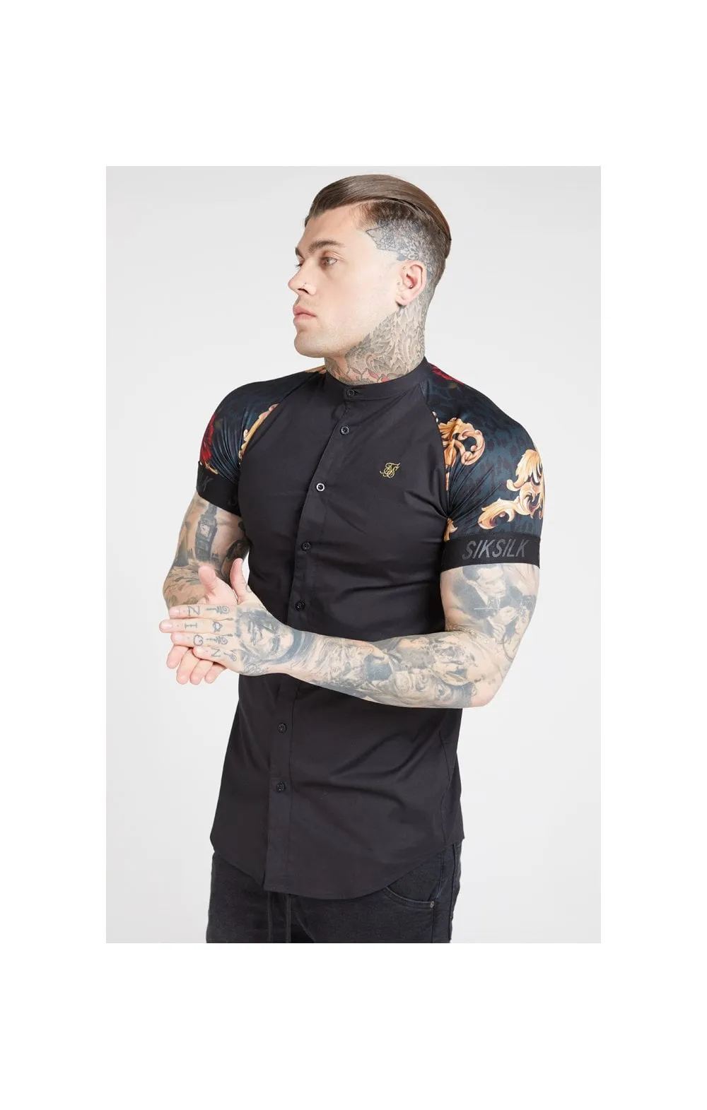 SikSilk S/S Grandad Collar Shirt - Jet Black & Floral Animal sold by Siksilk