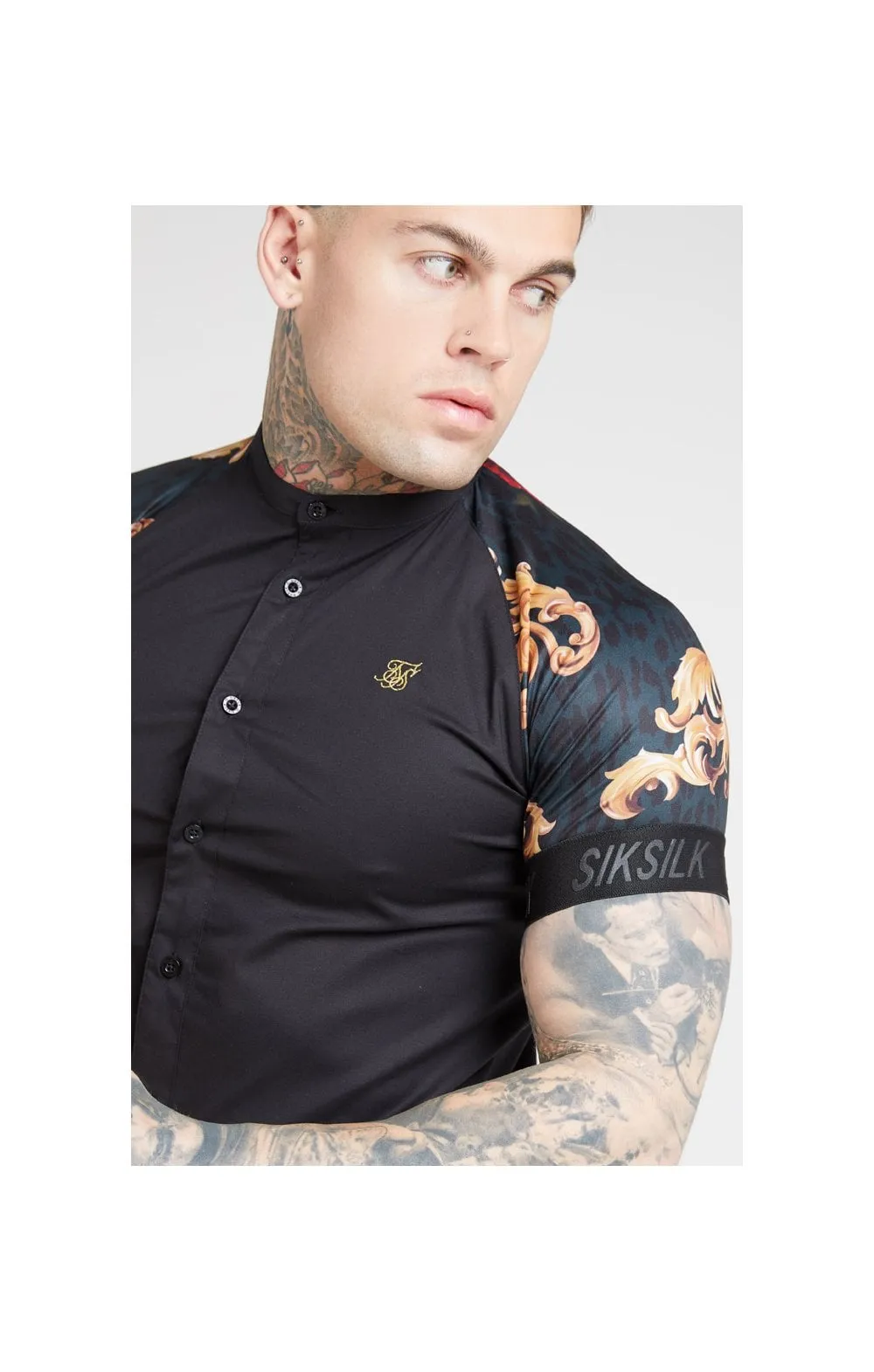 SikSilk S/S Grandad Collar Shirt - Jet Black & Floral Animal sold by Siksilk product image thumbnail 2