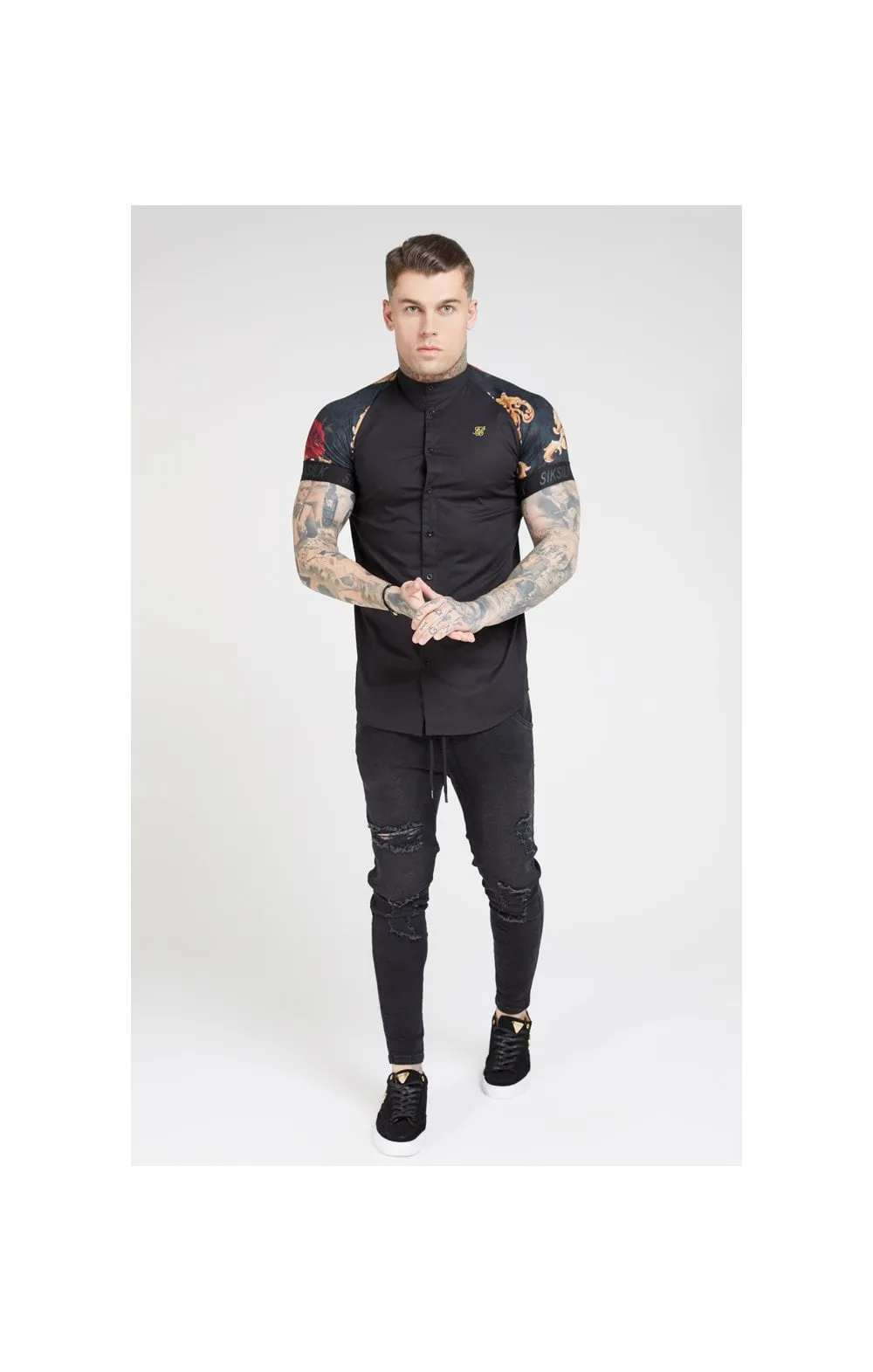 SikSilk S/S Grandad Collar Shirt - Jet Black & Floral Animal sold by Siksilk product image thumbnail 3