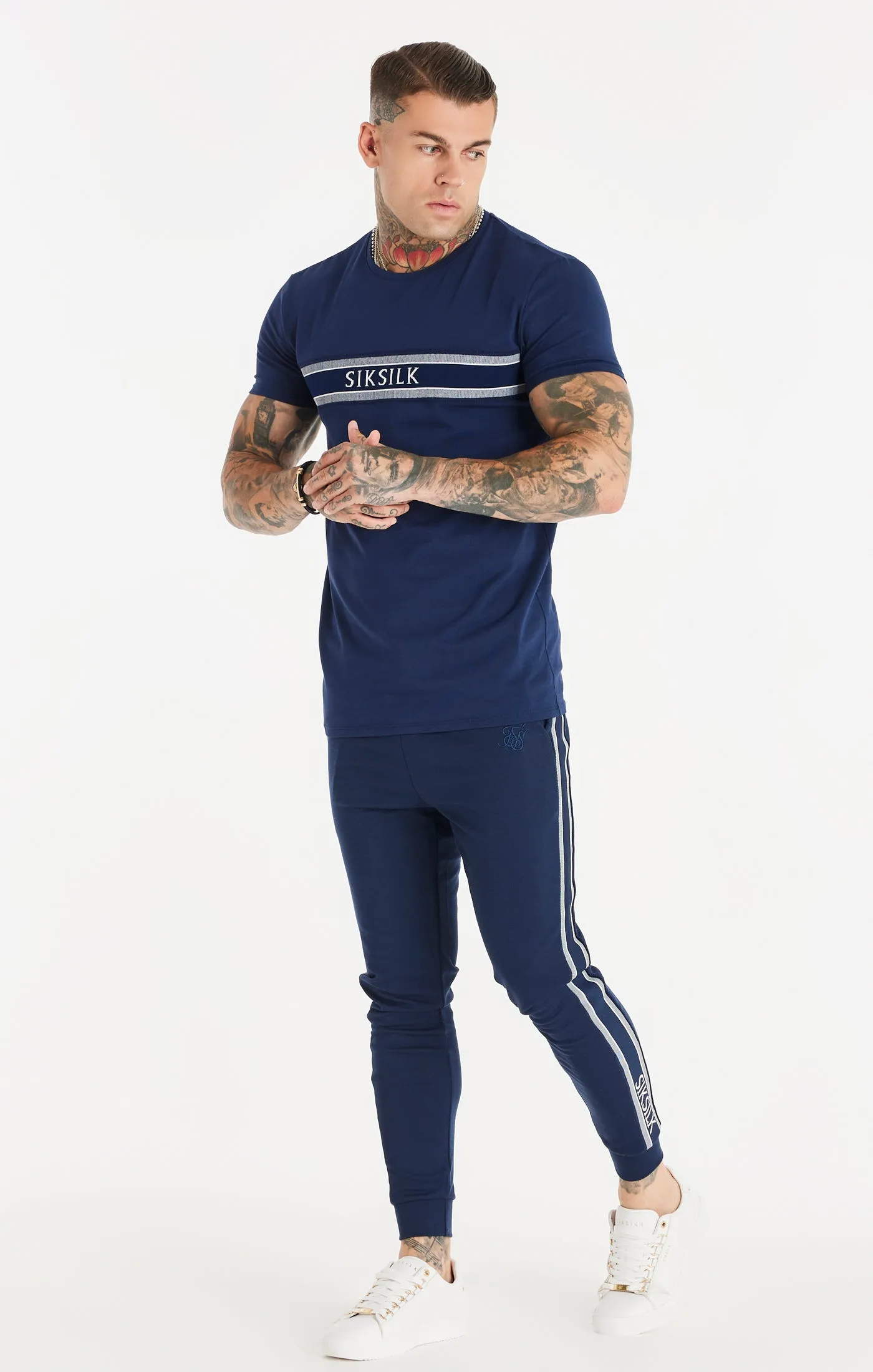 Navy Knitted Tape Muscle Fit T-Shirt sold by Siksilk product image thumbnail 3