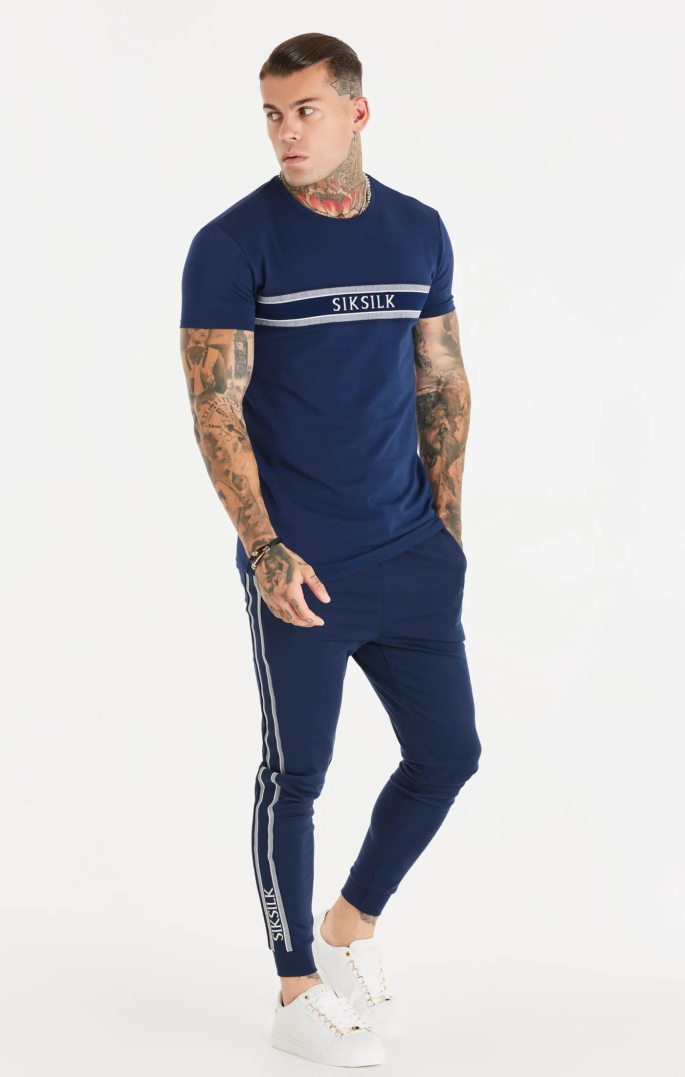 Navy Knitted Tape Muscle Fit T-Shirt sold by Siksilk product image thumbnail 4