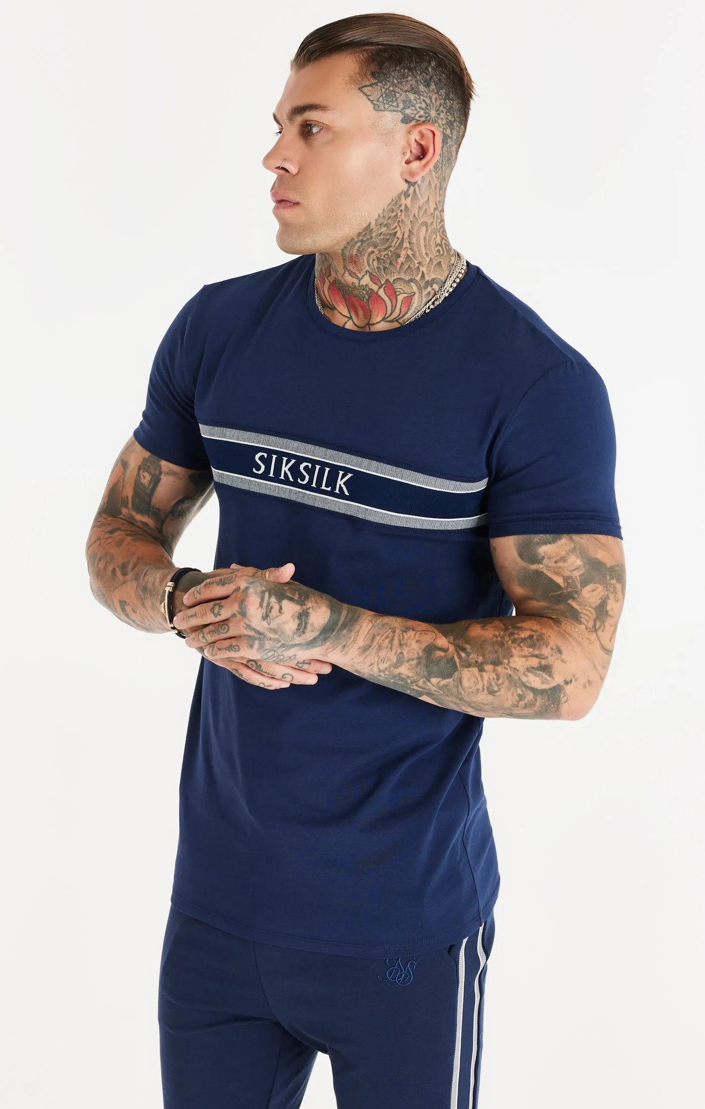Navy Knitted Tape Muscle Fit T-Shirt sold by Siksilk