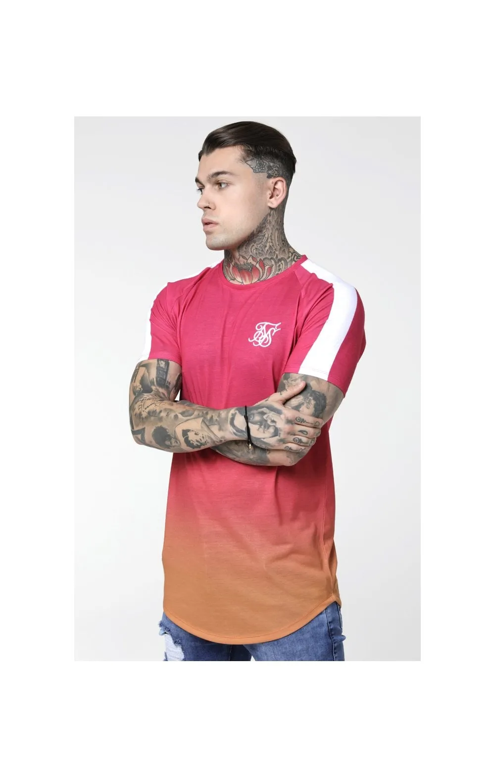 SikSilk Curved Hem Raglan Fade Tee - Orange & Pink sold by Siksilk