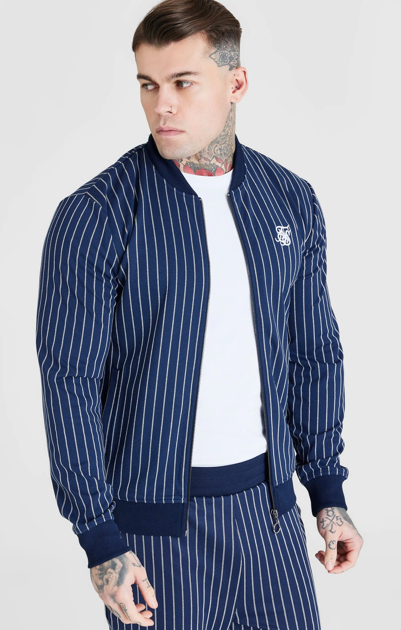SikSilk Pinstripe Bomber - Navy sold by Siksilk