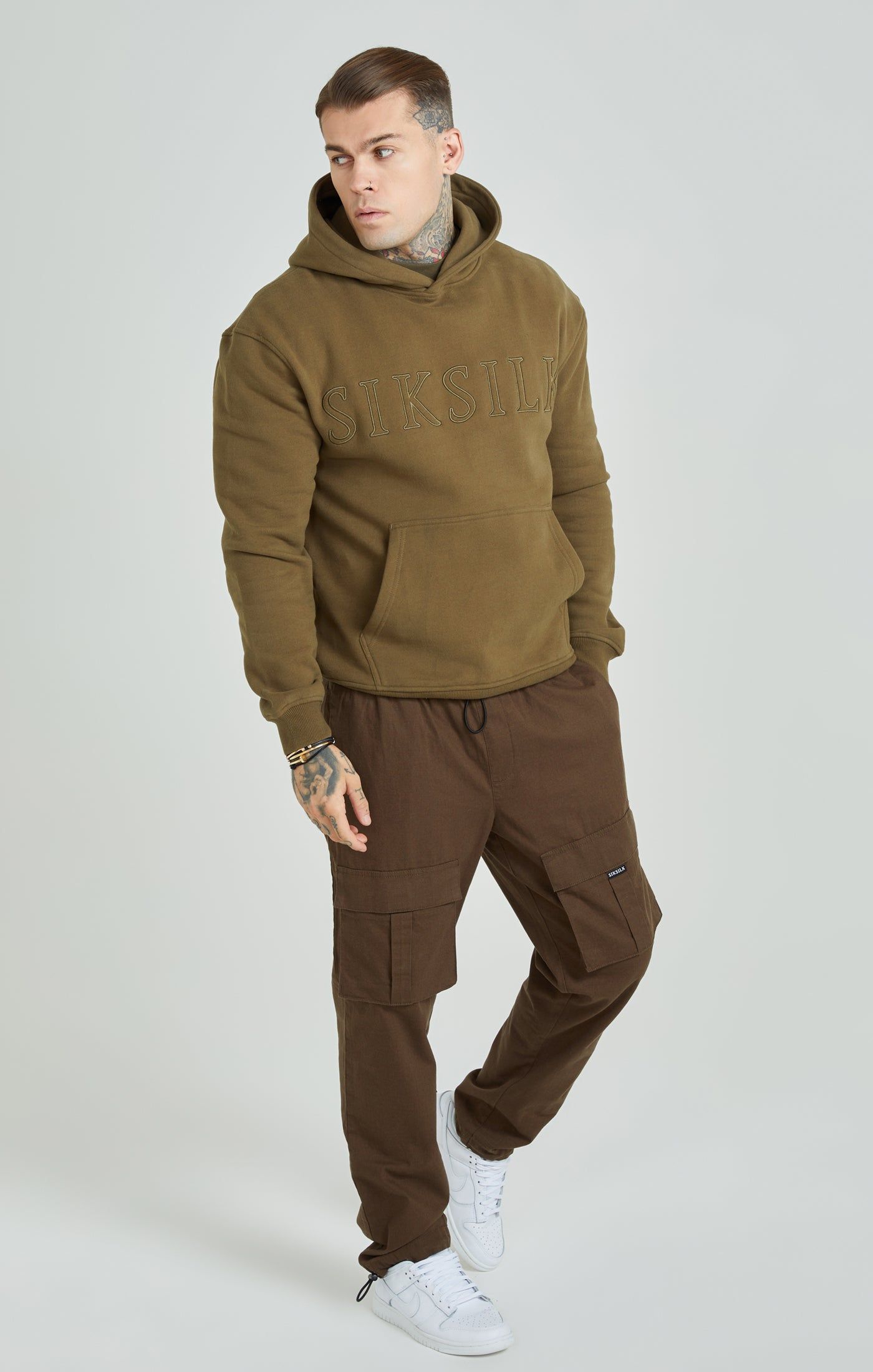 Khaki Applique Logo Relaxed Fit Overhead Hoodie sold by Siksilk product image thumbnail 2