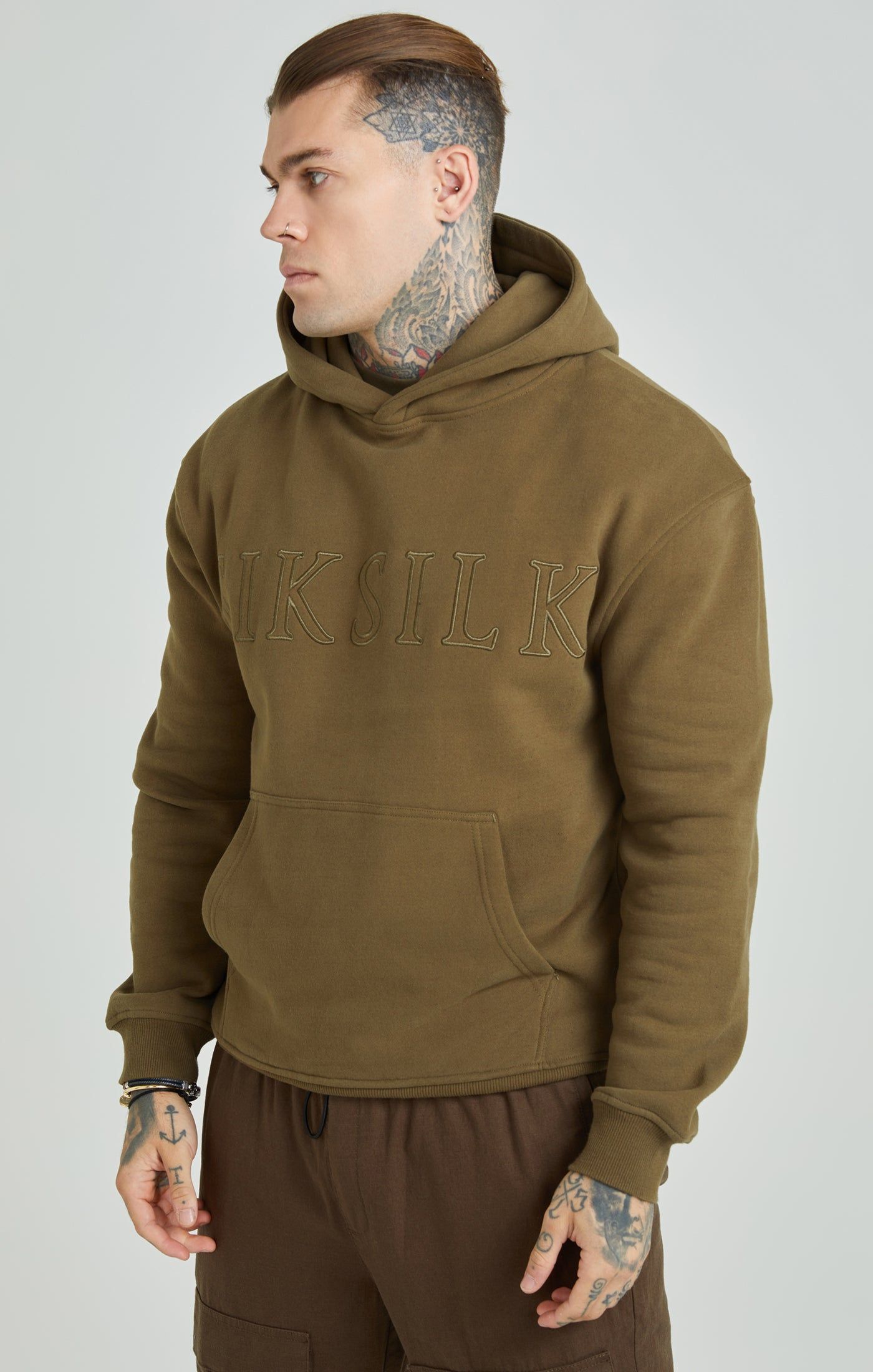 Khaki Applique Logo Relaxed Fit Overhead Hoodie sold by Siksilk product image thumbnail 3