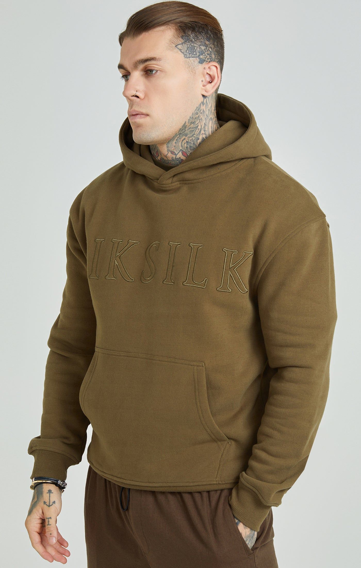 Khaki Applique Logo Relaxed Fit Overhead Hoodie sold by Siksilk