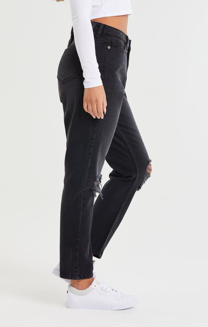 Washed Black Knee Rip Denim Mom Jean sold by Siksilk product image thumbnail 3