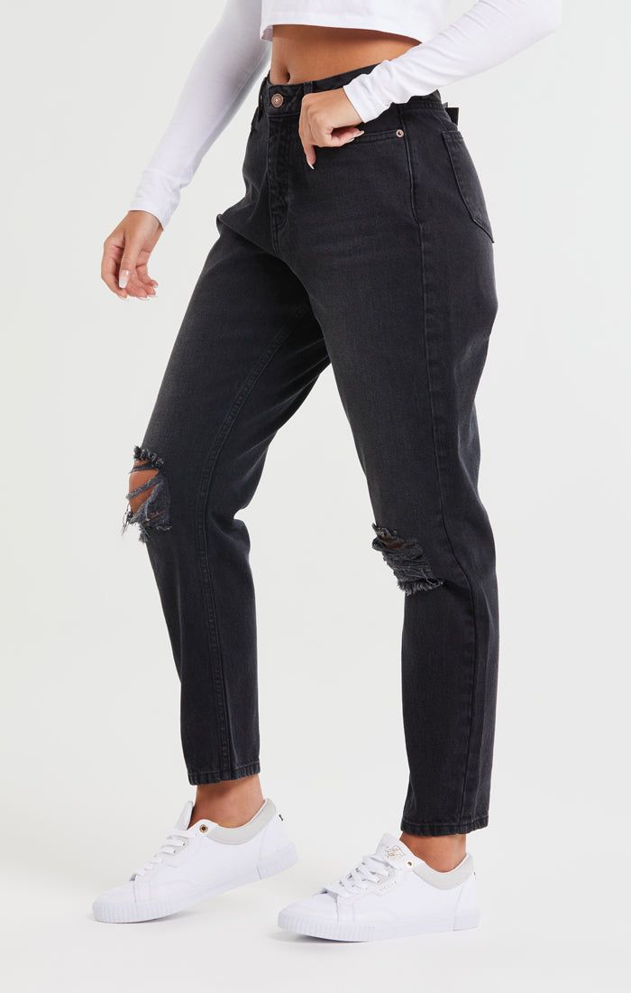 Washed Black Knee Rip Denim Mom Jean sold by Siksilk