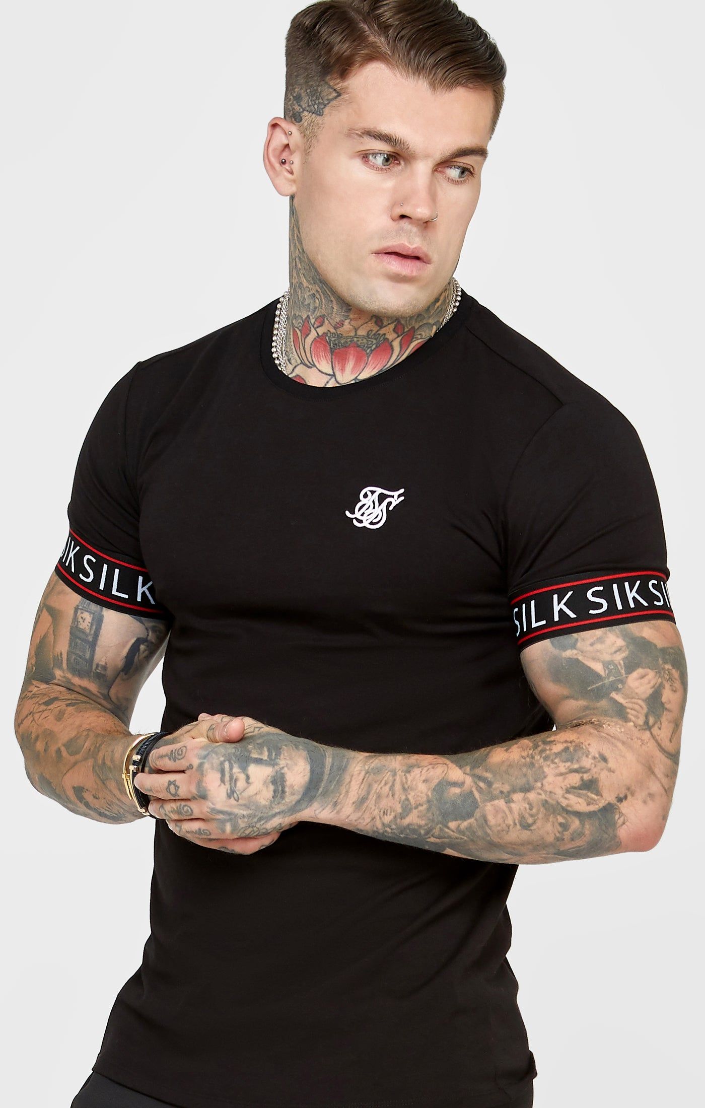 Black Taped Elasticated Cuff T-Shirt sold by Siksilk