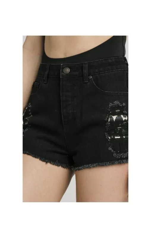 SikSilk Distressed Leopard Denim Shorts - Black Denim made by Siksilk