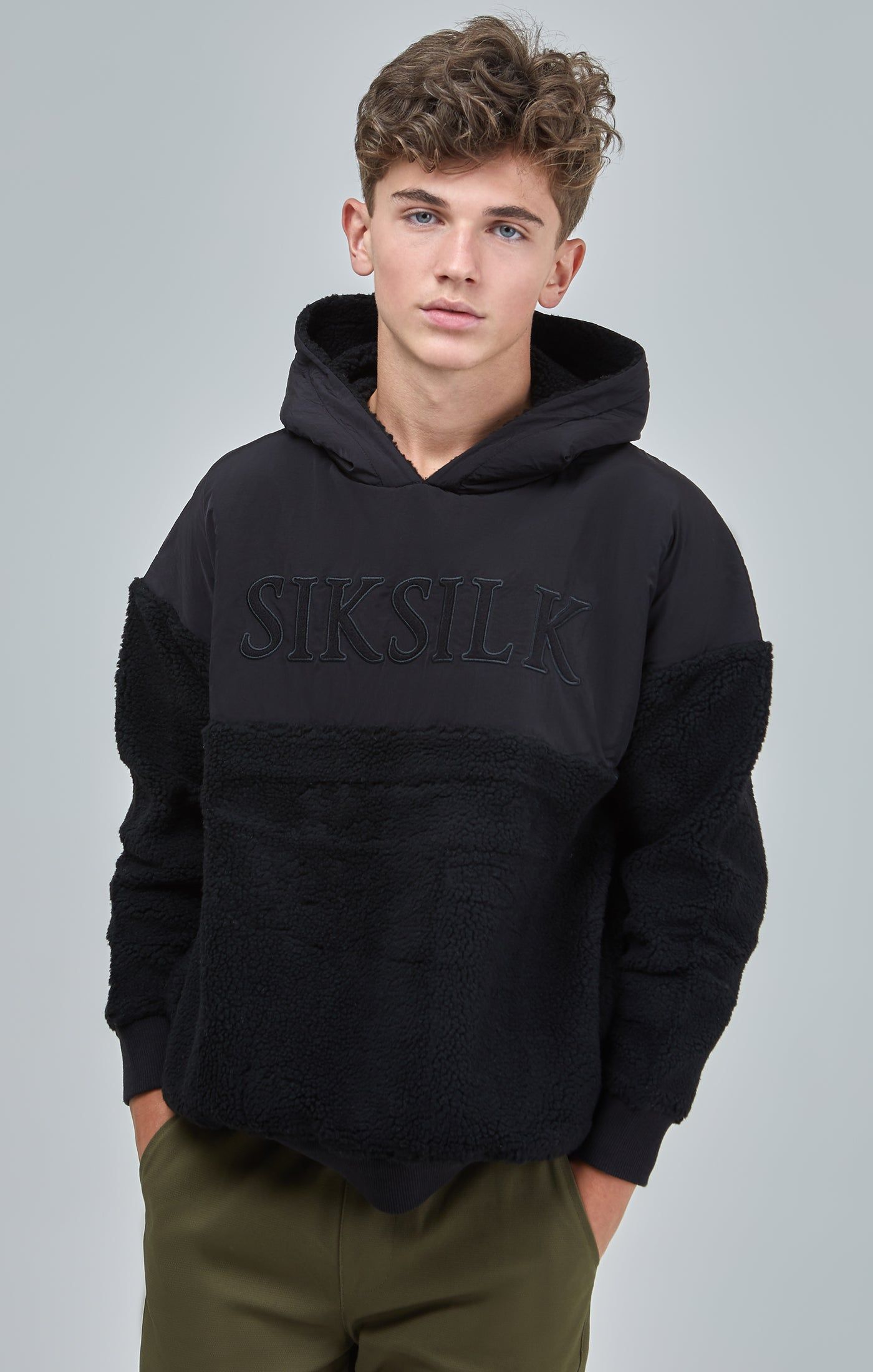 Boys Black Sherpa Nylon Mix Hoodie sold by Siksilk