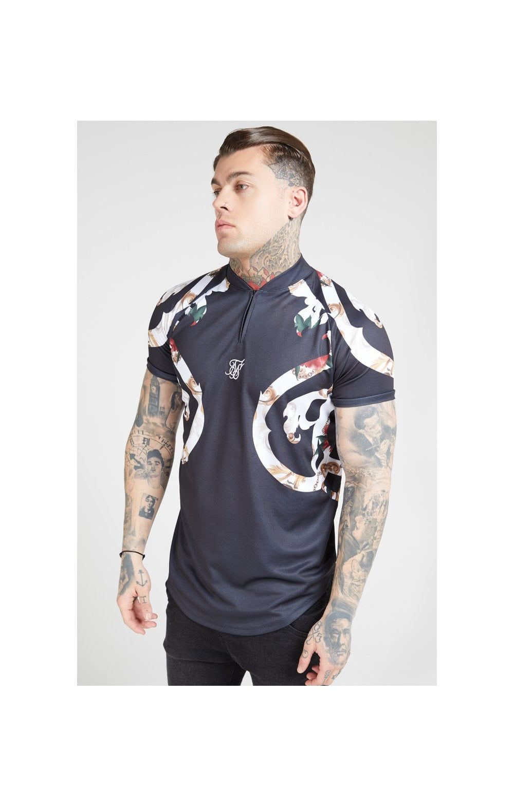 SikSilk Baseball Tee – Jet Black & Floral Elegance sold by Siksilk