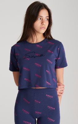 Girls Navy Signature Cropped T-Shirt sold by Siksilk