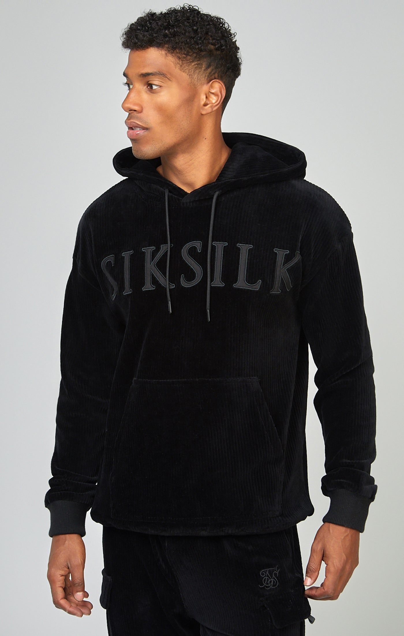 Black Corduroy Applique Logo Overhead Hoodie sold by Siksilk product image thumbnail 4