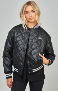 Black Pu Quilted Varsity Jacket sold by Siksilk