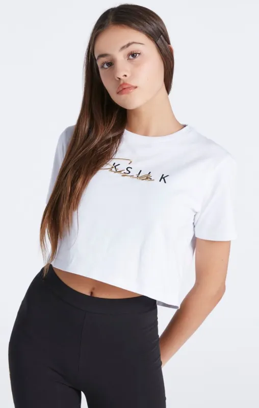 Girls White Signature Cropped T-Shirt sold by Siksilk