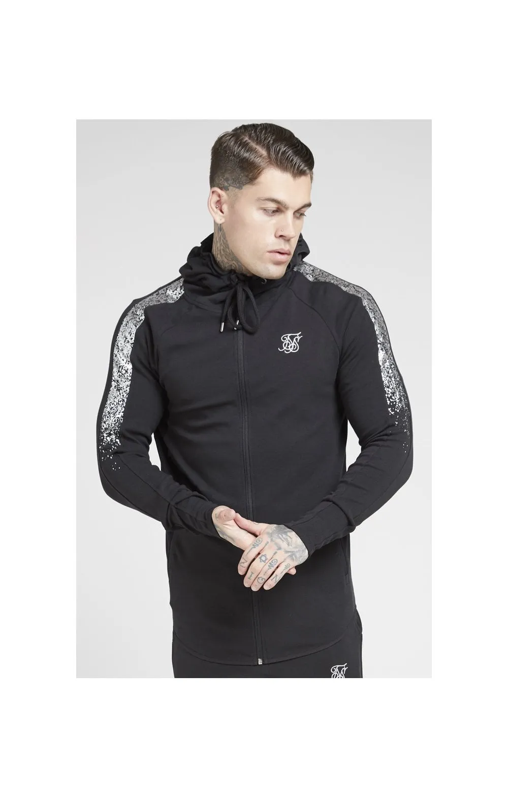 SikSilk Fade Panel Zip Through Hoodie – Black & Silver sold by Siksilk