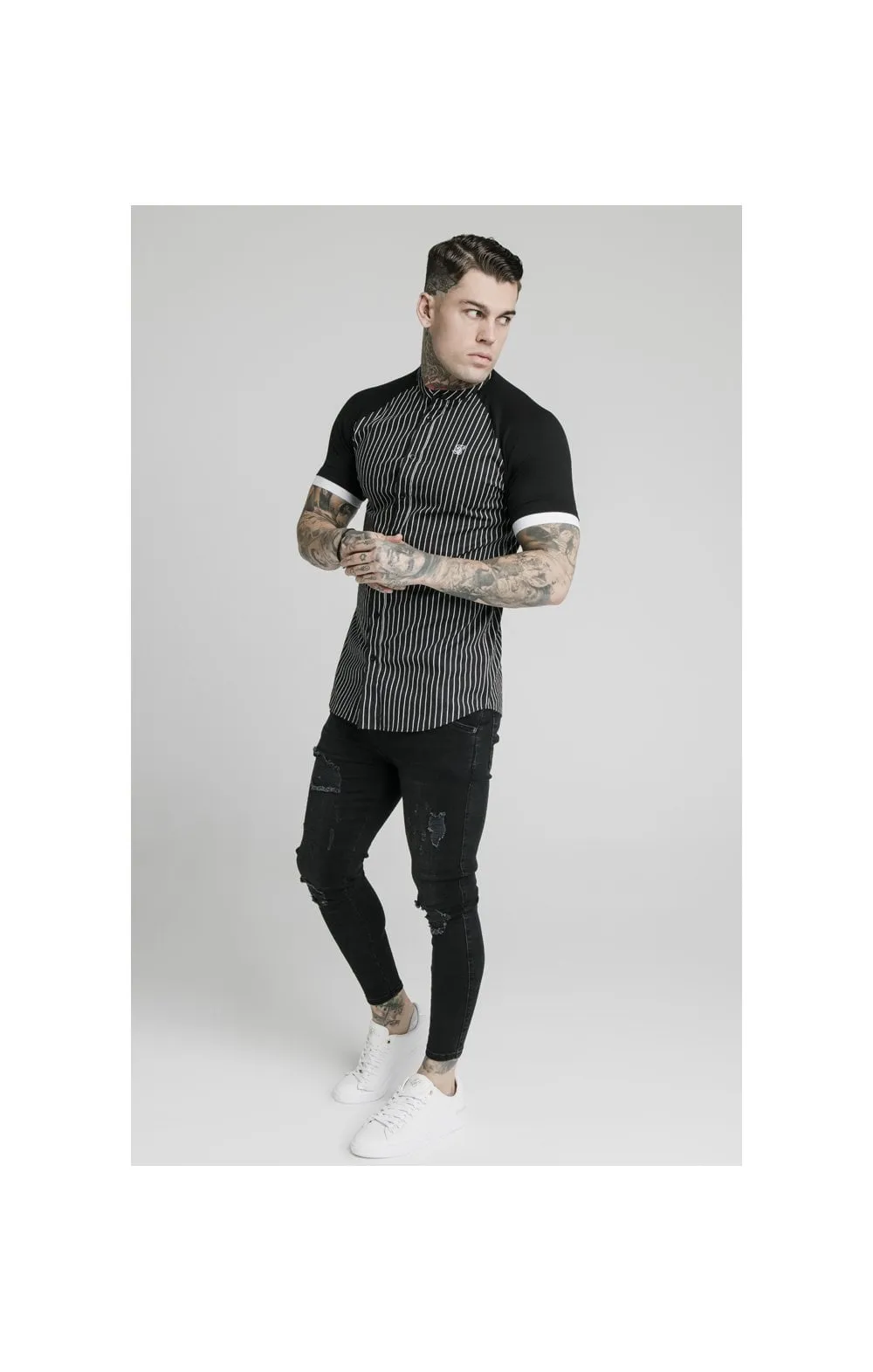 SikSilk S/S Raglan Inset Cuff Shirt - Black & White sold by Siksilk product image thumbnail 5