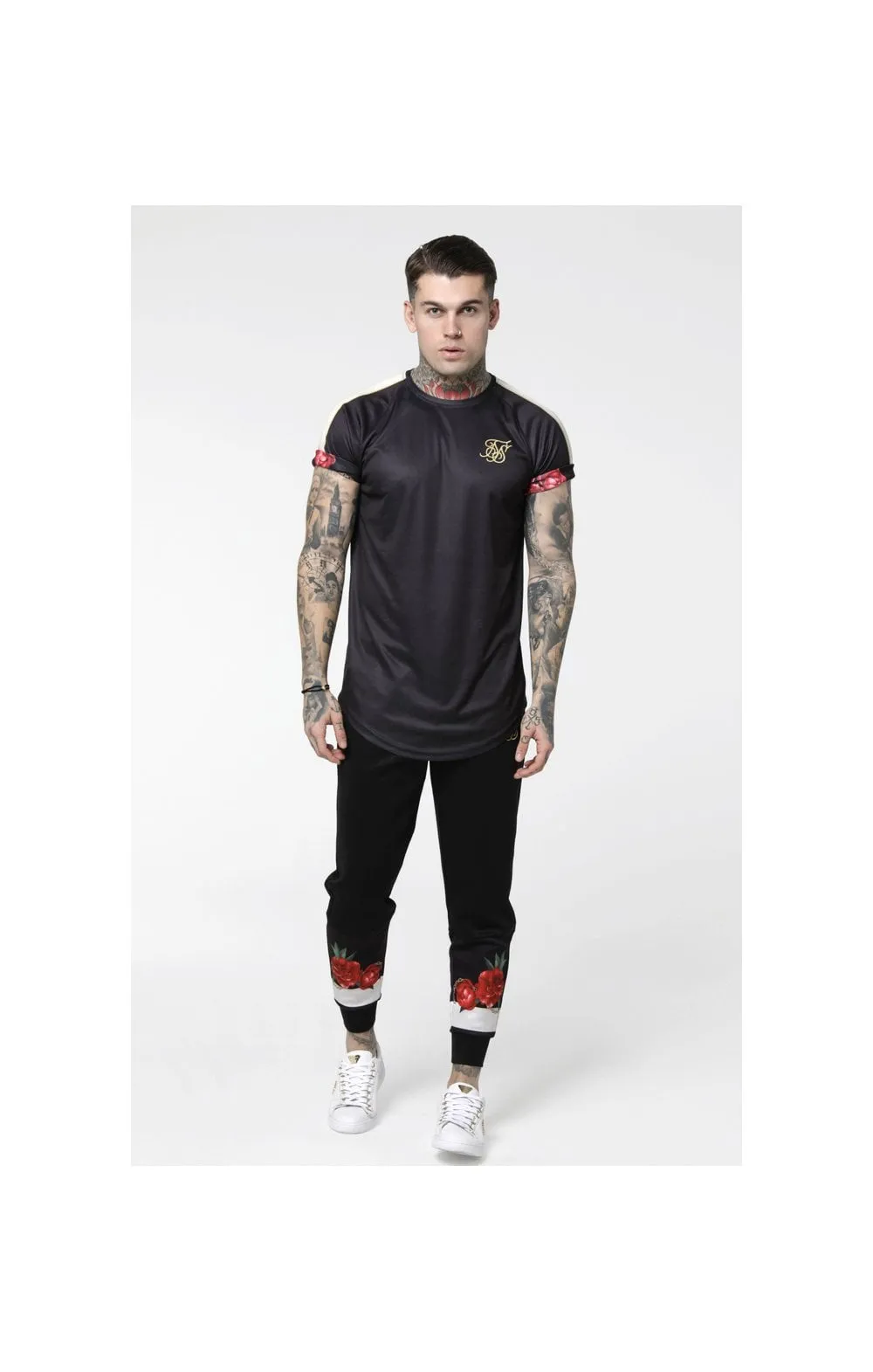 SikSilk S/S Curved Hem Raglan Roll Sleeve Tee – Black,Ecru & Red sold by Siksilk