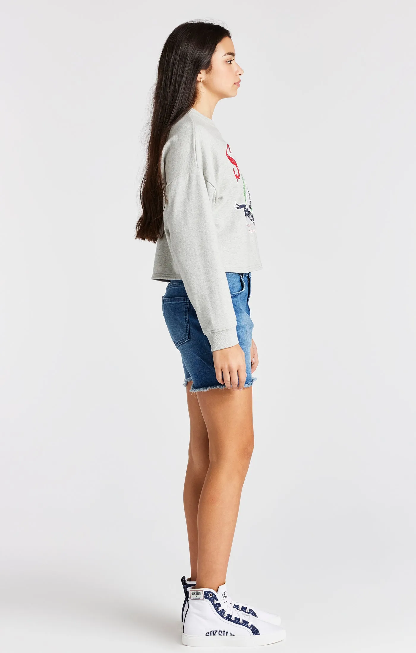 Girls Grey Marl Varsity Crop Crew Sweater sold by Siksilk product image thumbnail 4