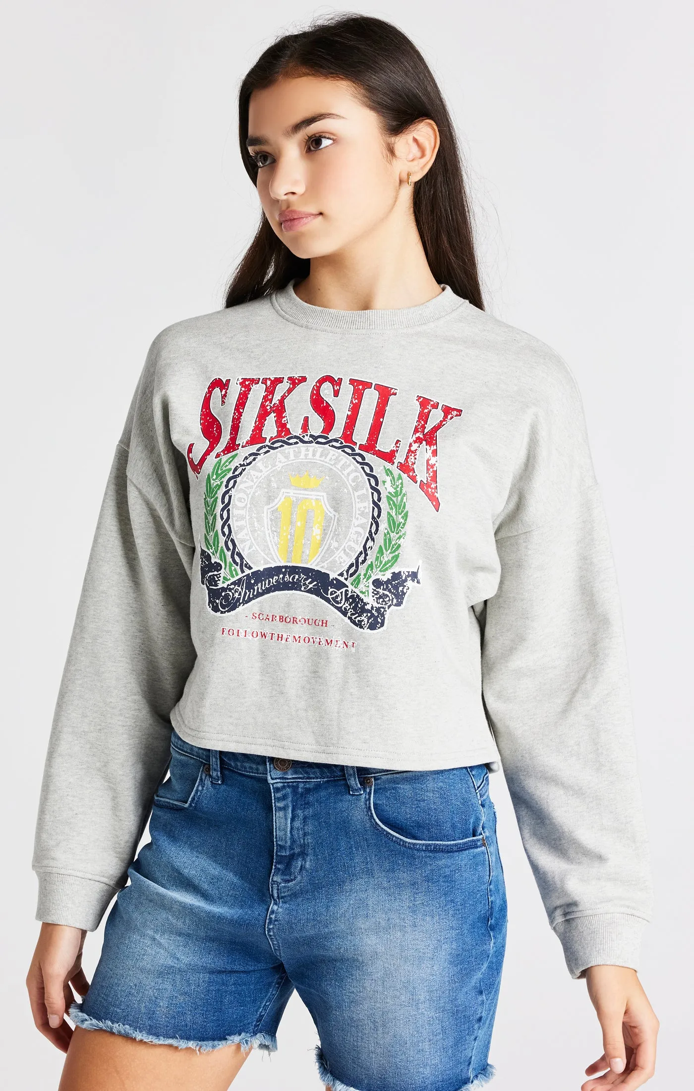 Girls Grey Marl Varsity Crop Crew Sweater sold by Siksilk