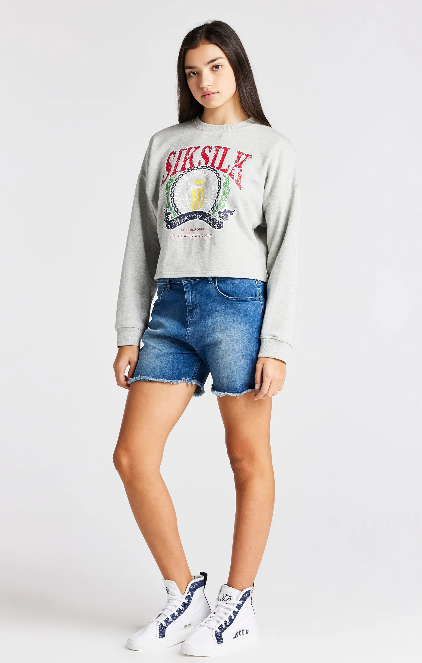 Girls Grey Marl Varsity Crop Crew Sweater sold by Siksilk product image thumbnail 3