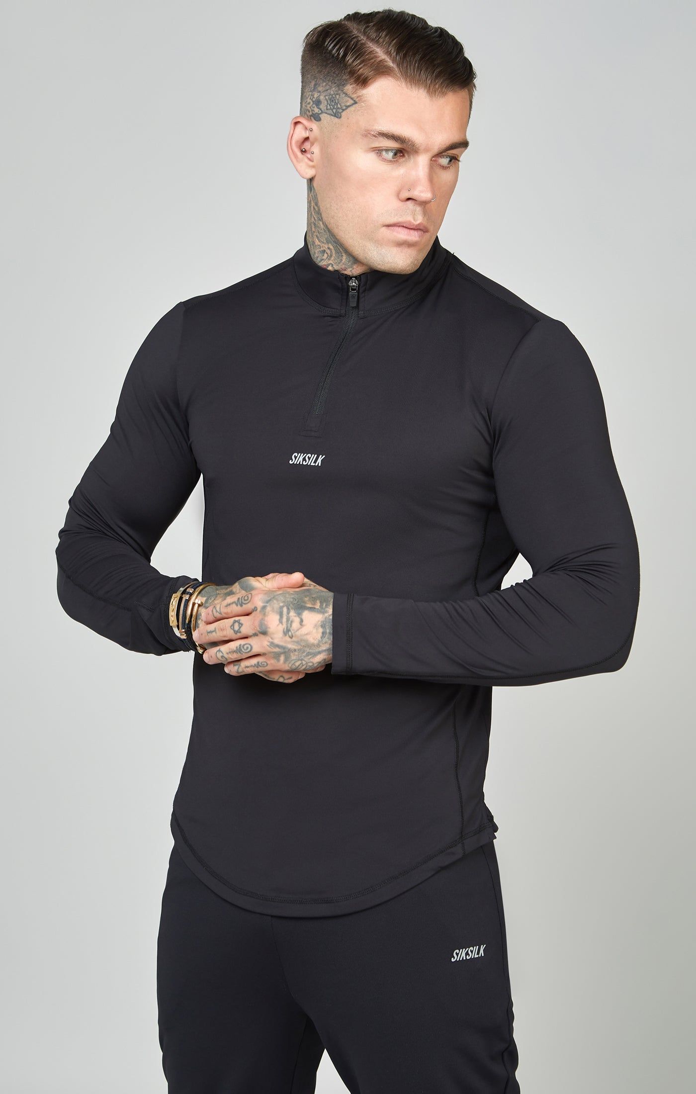 Black Sports Muscle Fit Quarter Zip Long Sleeve Top sold by Siksilk product image thumbnail 4