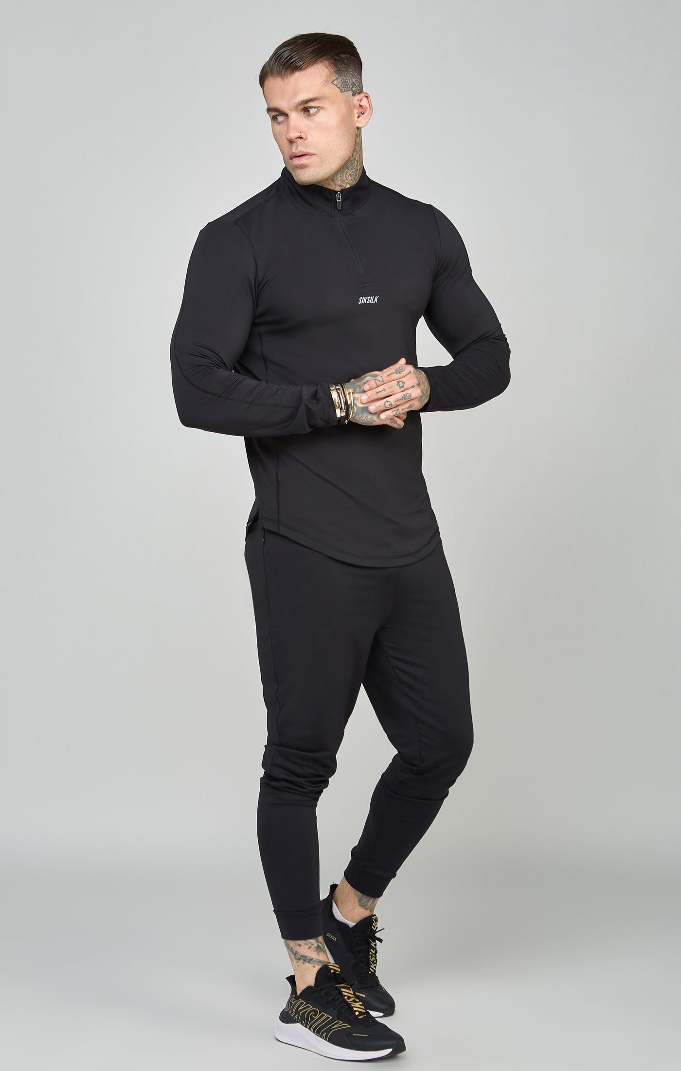 Black Sports Muscle Fit Quarter Zip Long Sleeve Top sold by Siksilk product image thumbnail 2