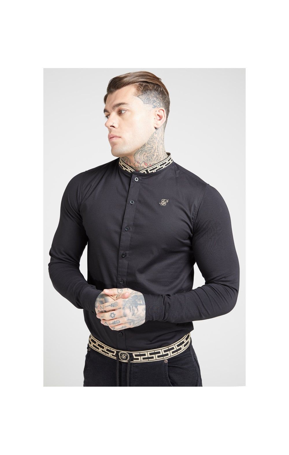 SikSilk L/S Tape Collar Shirt - Black & Gold sold by Siksilk