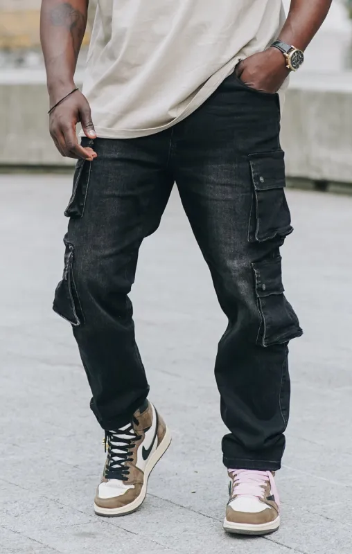 Black Loose Fit Denim Cargo Pant sold by Siksilk