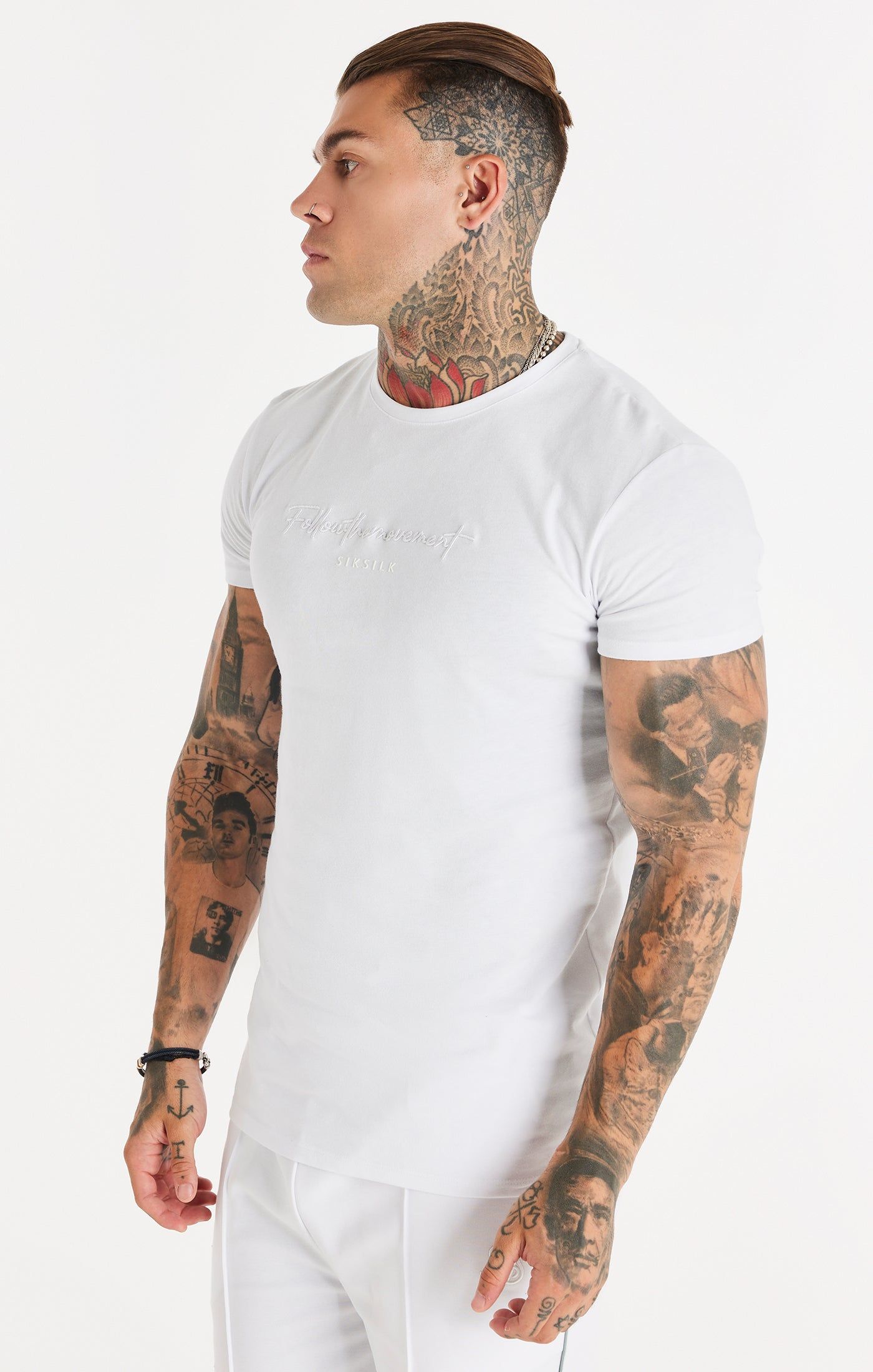 White Script Embroidery Muscle Fit T-Shirt sold by Siksilk