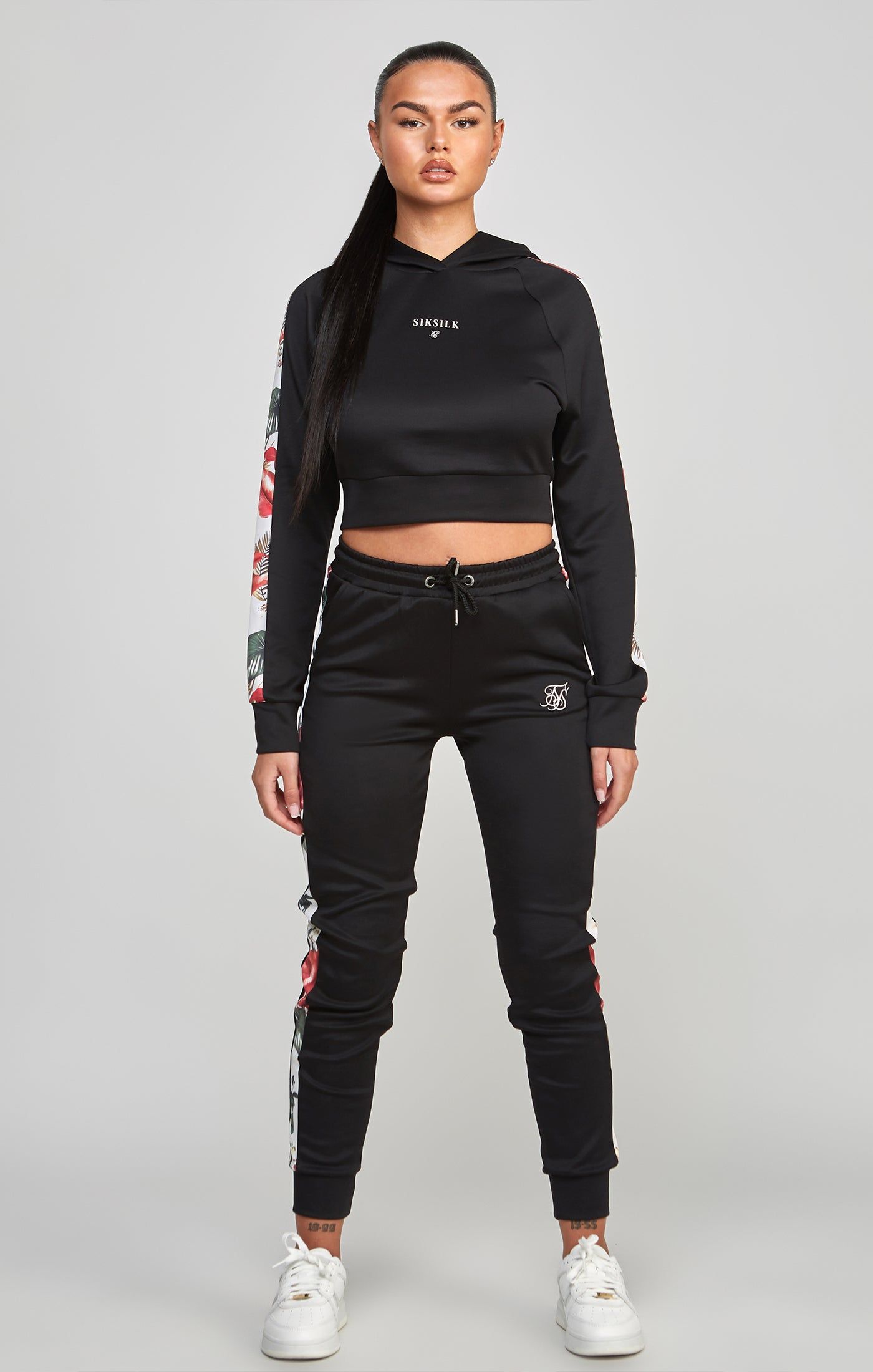 Black Floral Panelled Crop Hoodie sold by Siksilk product image thumbnail 3