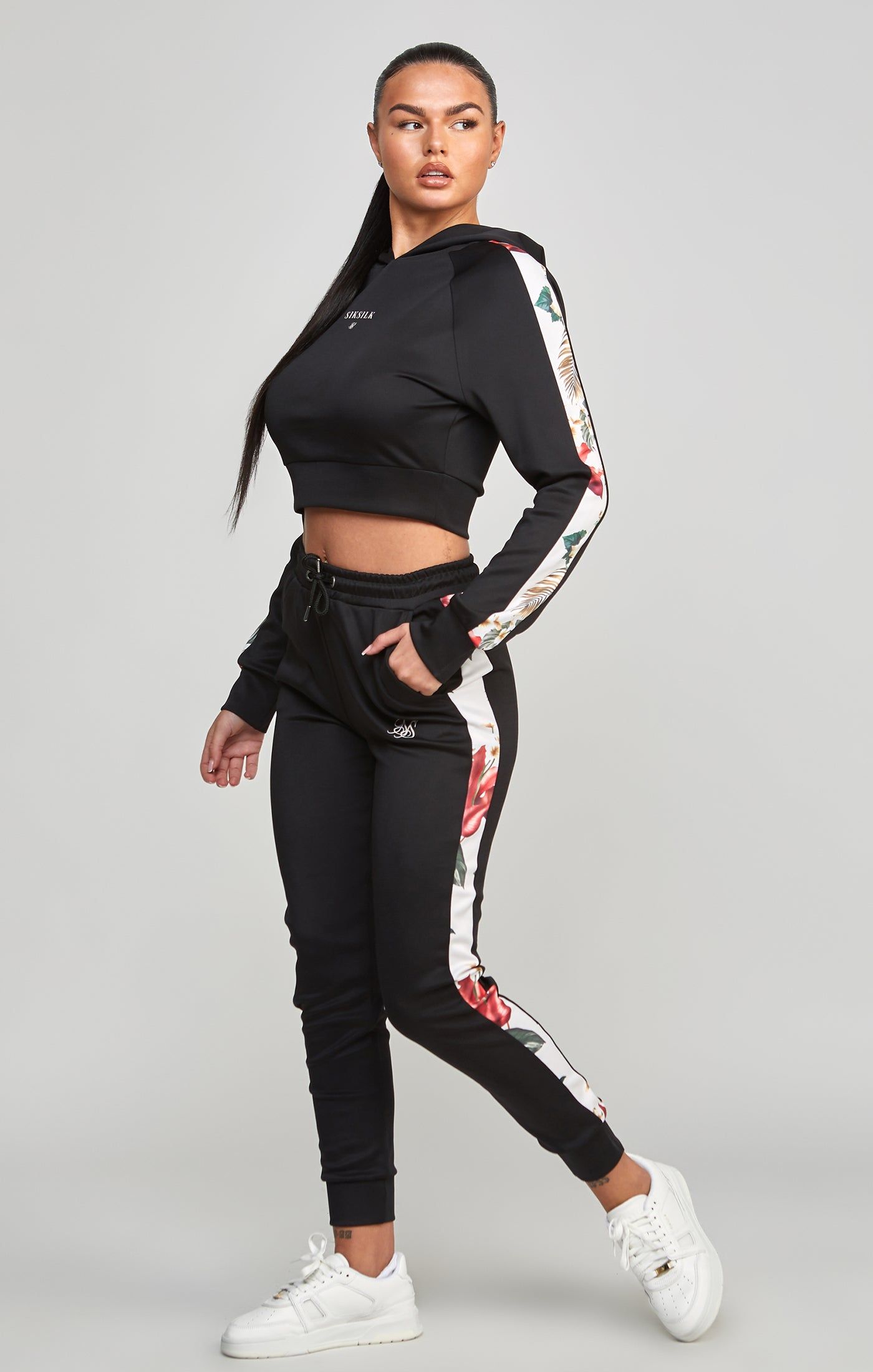 Black Floral Panelled Crop Hoodie sold by Siksilk product image thumbnail 4