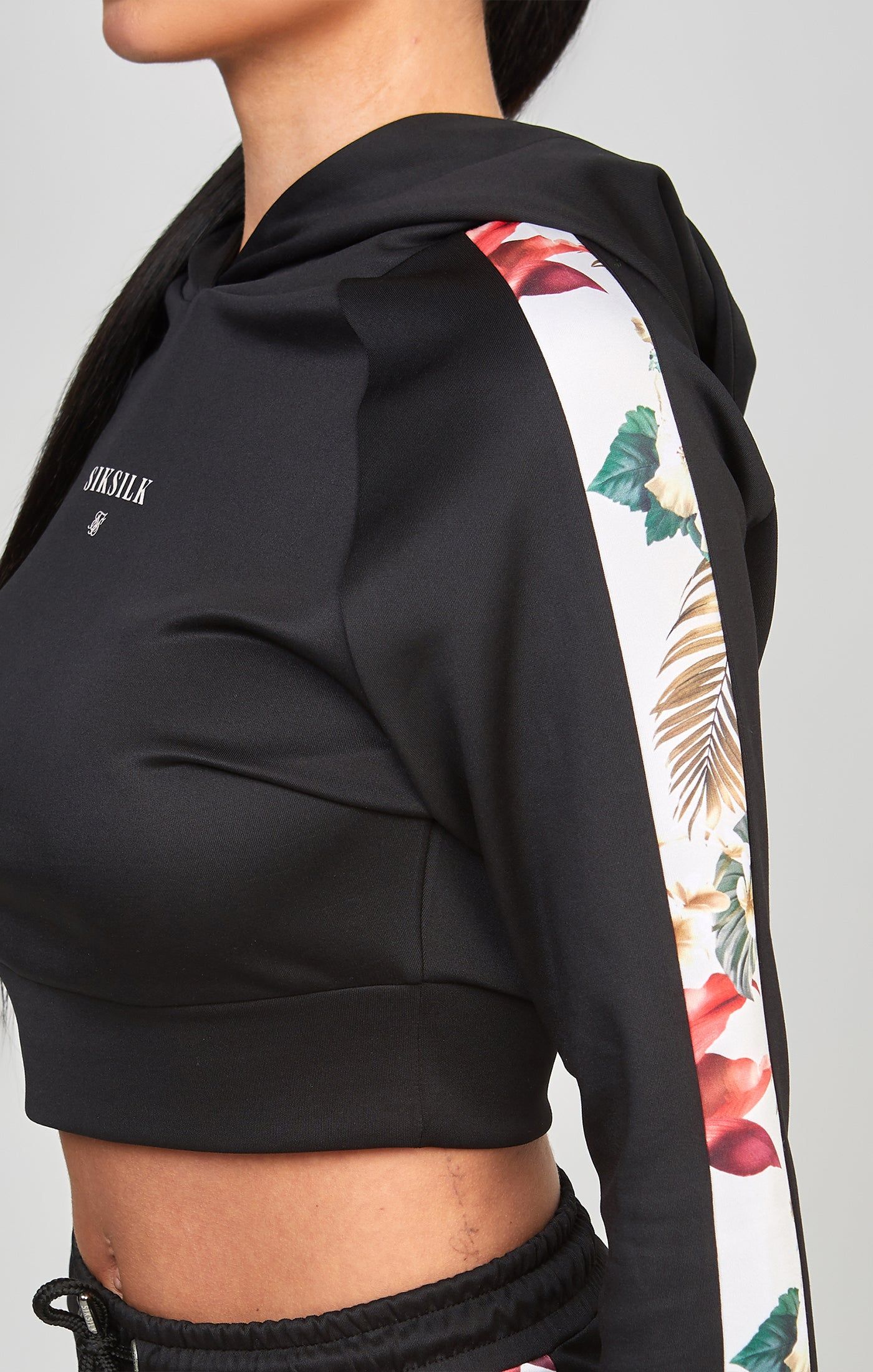 Black Floral Panelled Crop Hoodie sold by Siksilk product image thumbnail 2