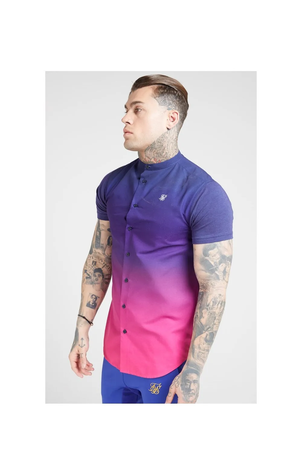 SikSilk S/S Fade Grandad Shirt – Navy & Neon Fade sold by Siksilk