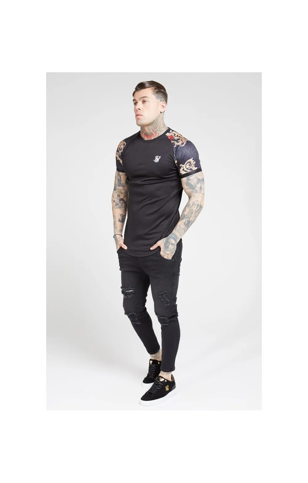 SikSilk S/S Curved Hem Raglan Tech Tee - Jet Black & Floral Animal sold by Siksilk product image thumbnail 3