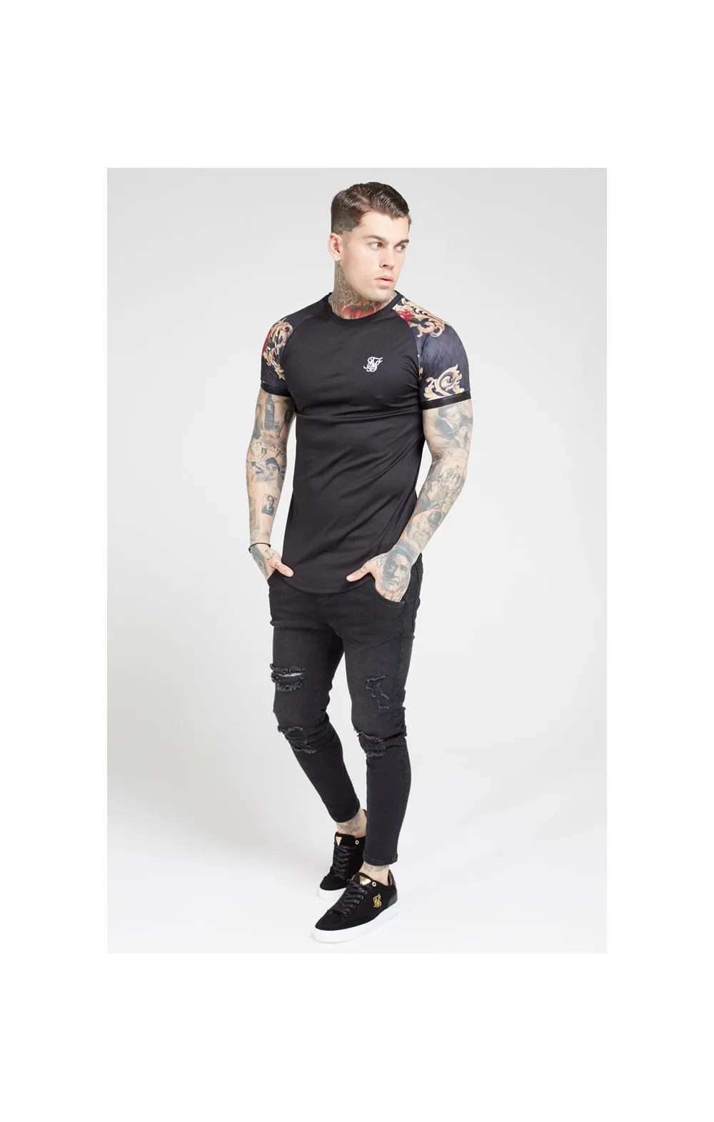 SikSilk S/S Curved Hem Raglan Tech Tee - Jet Black & Floral Animal sold by Siksilk product image thumbnail 4
