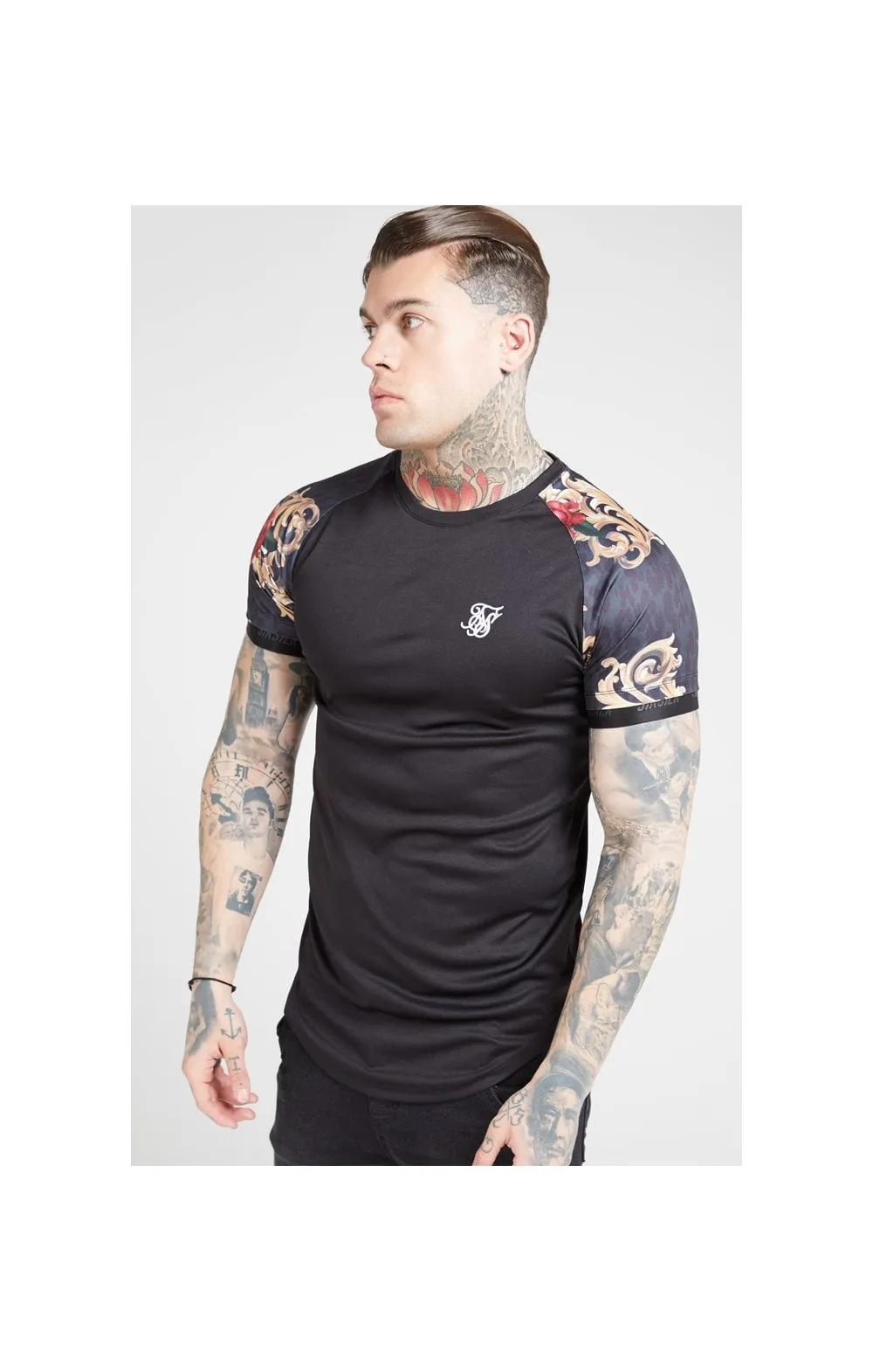 SikSilk S/S Curved Hem Raglan Tech Tee - Jet Black & Floral Animal sold by Siksilk
