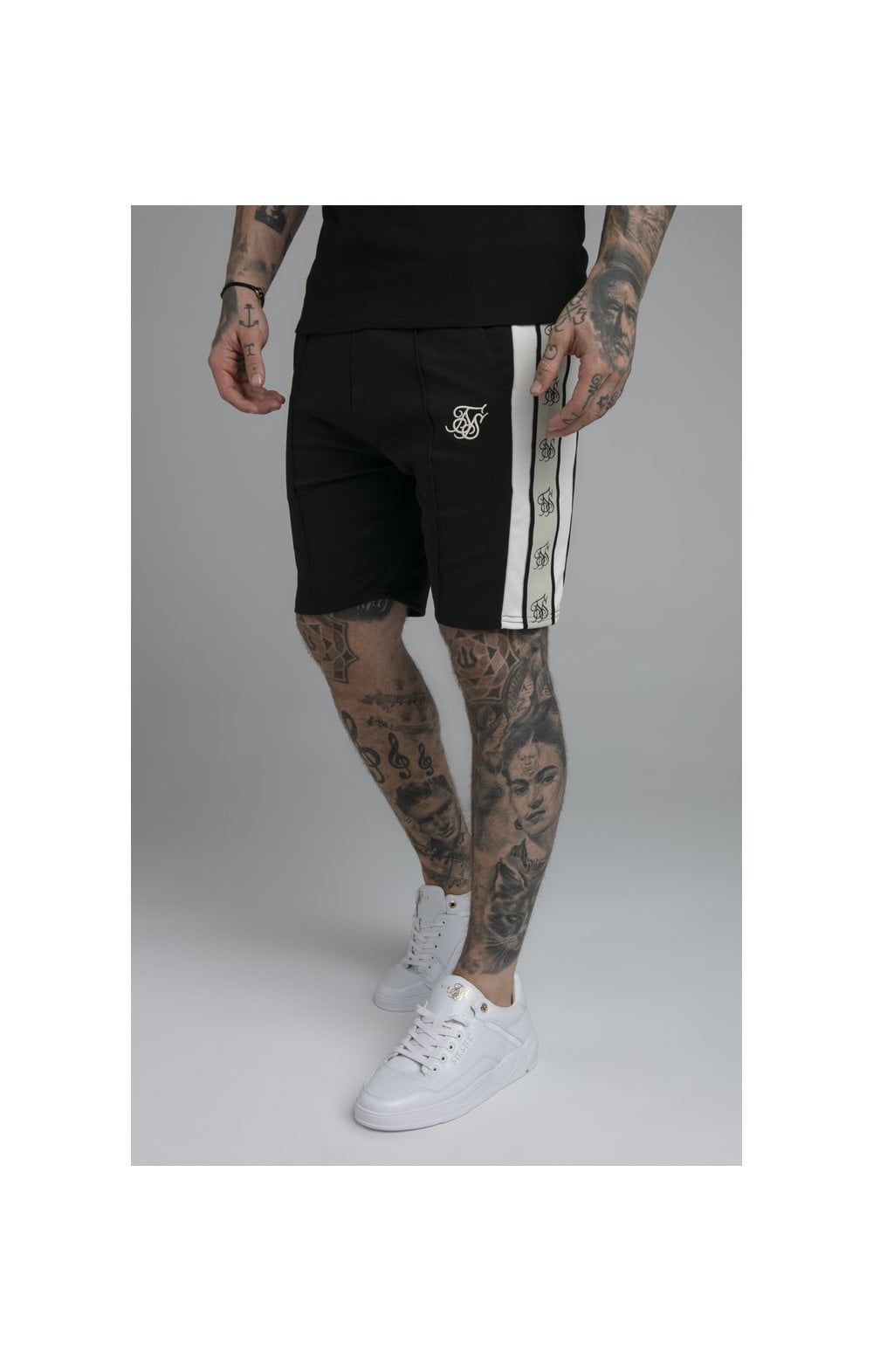SikSilk Premium Tape Pleated Shorts - Jet Black & Off White sold by Siksilk