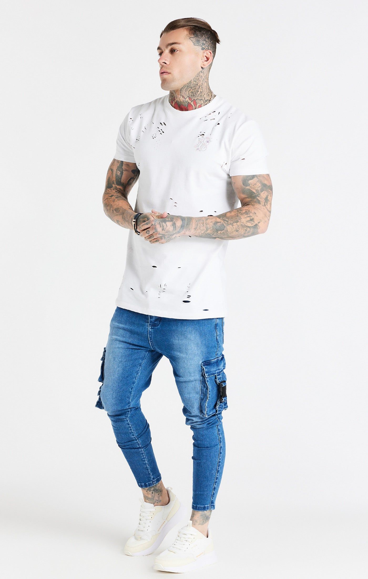 White Distressed Floral Muscle Fit T-Shirt sold by Siksilk product image thumbnail 5