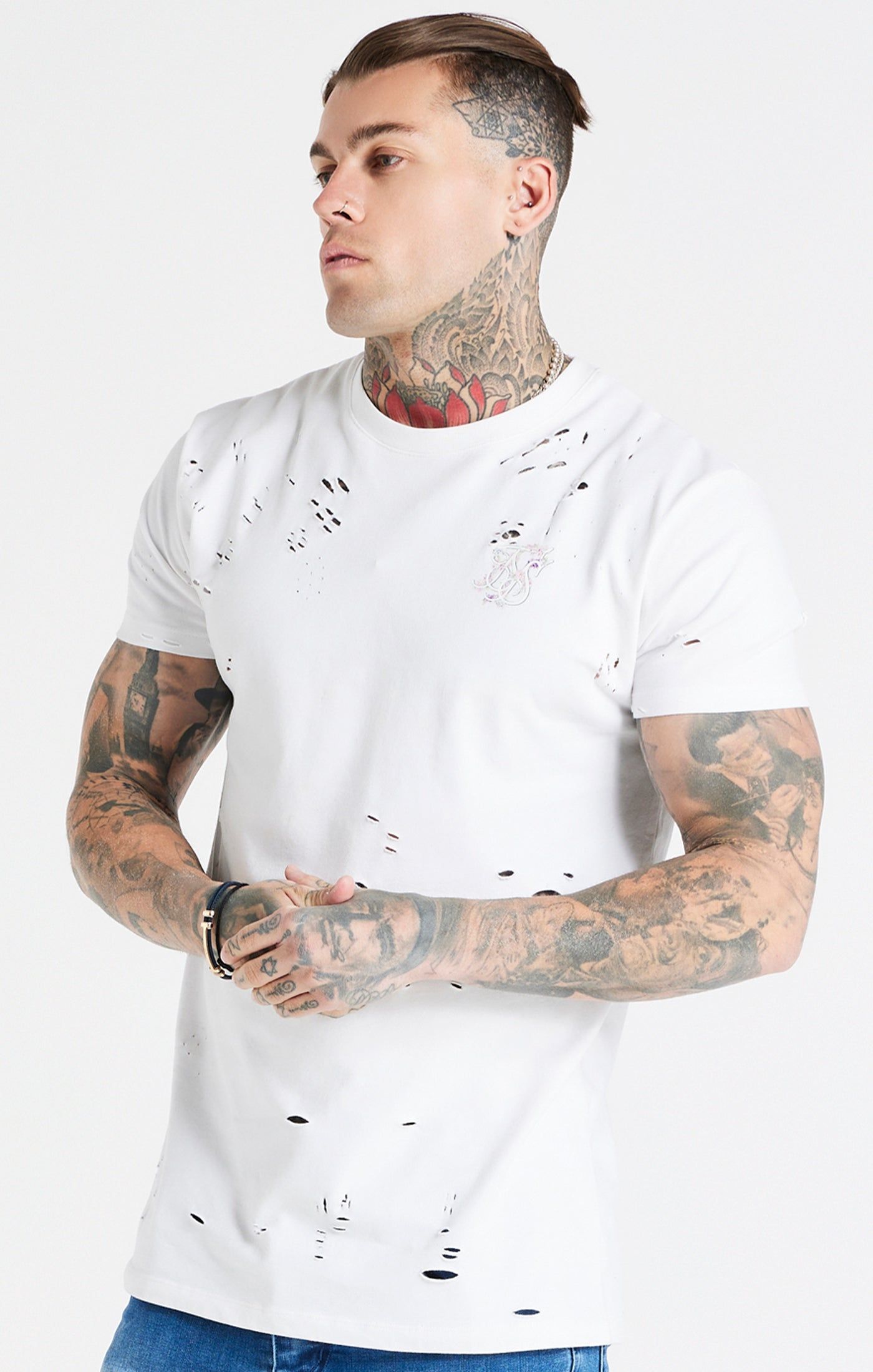 White Distressed Floral Muscle Fit T-Shirt sold by Siksilk product image thumbnail 2