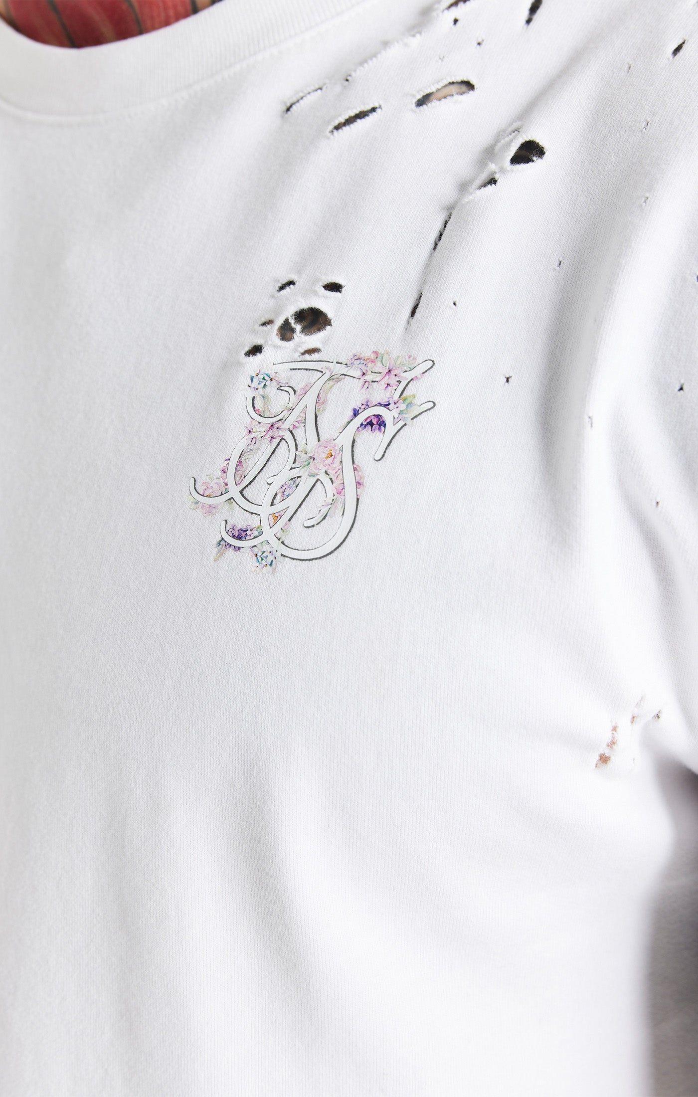 White Distressed Floral Muscle Fit T-Shirt sold by Siksilk product image thumbnail 3