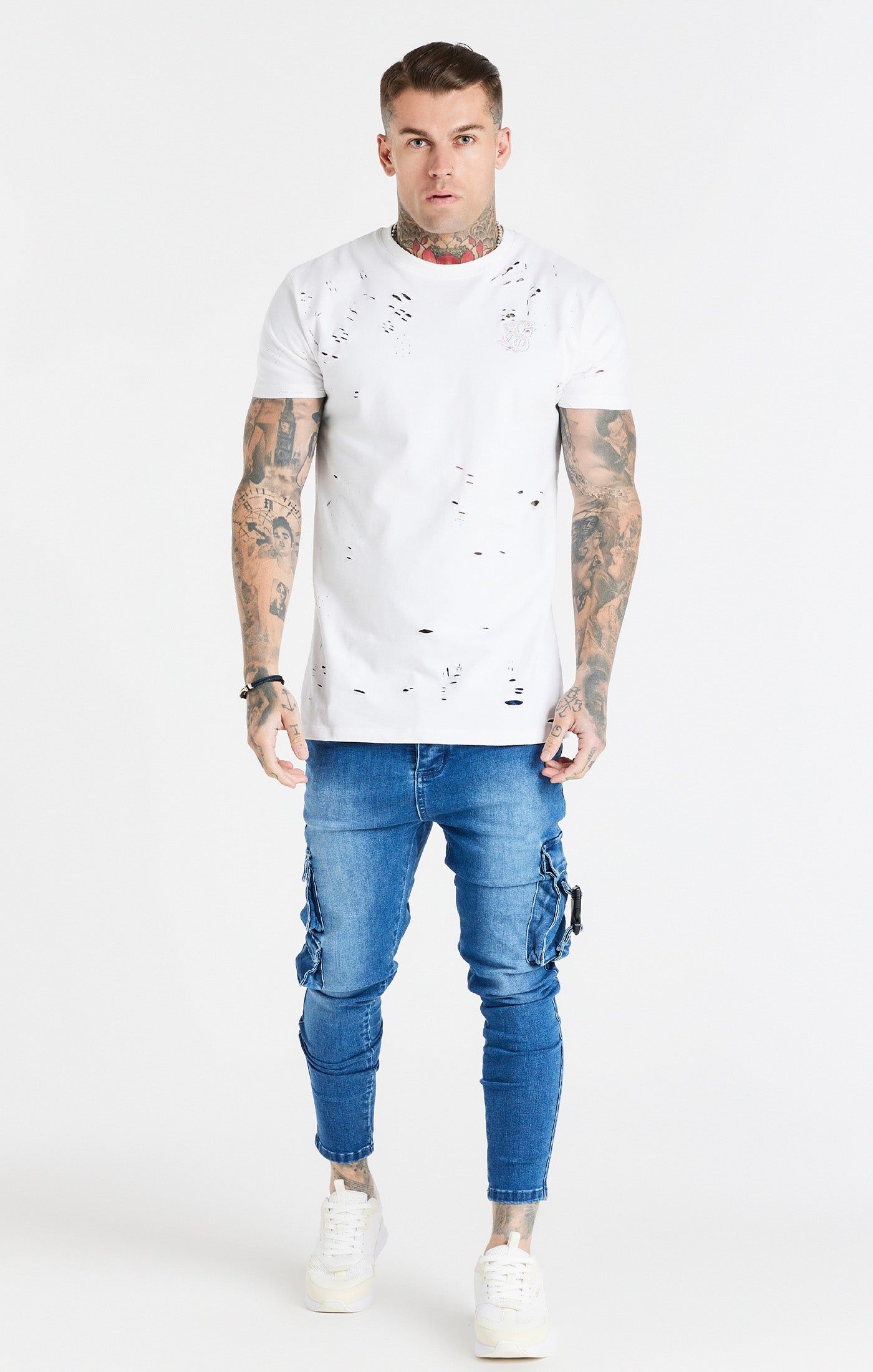 White Distressed Floral Muscle Fit T-Shirt sold by Siksilk product image thumbnail 4