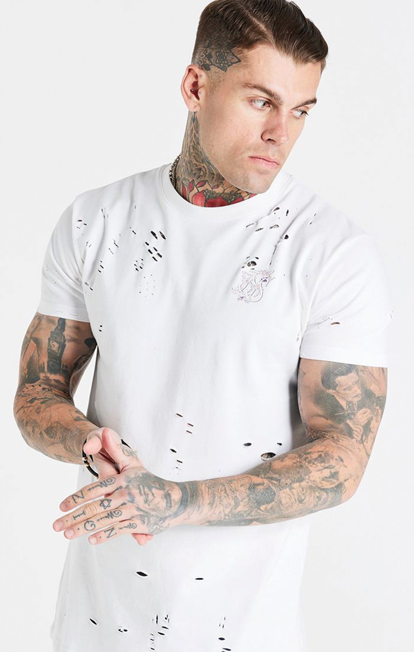 White Distressed Floral Muscle Fit T-Shirt sold by Siksilk