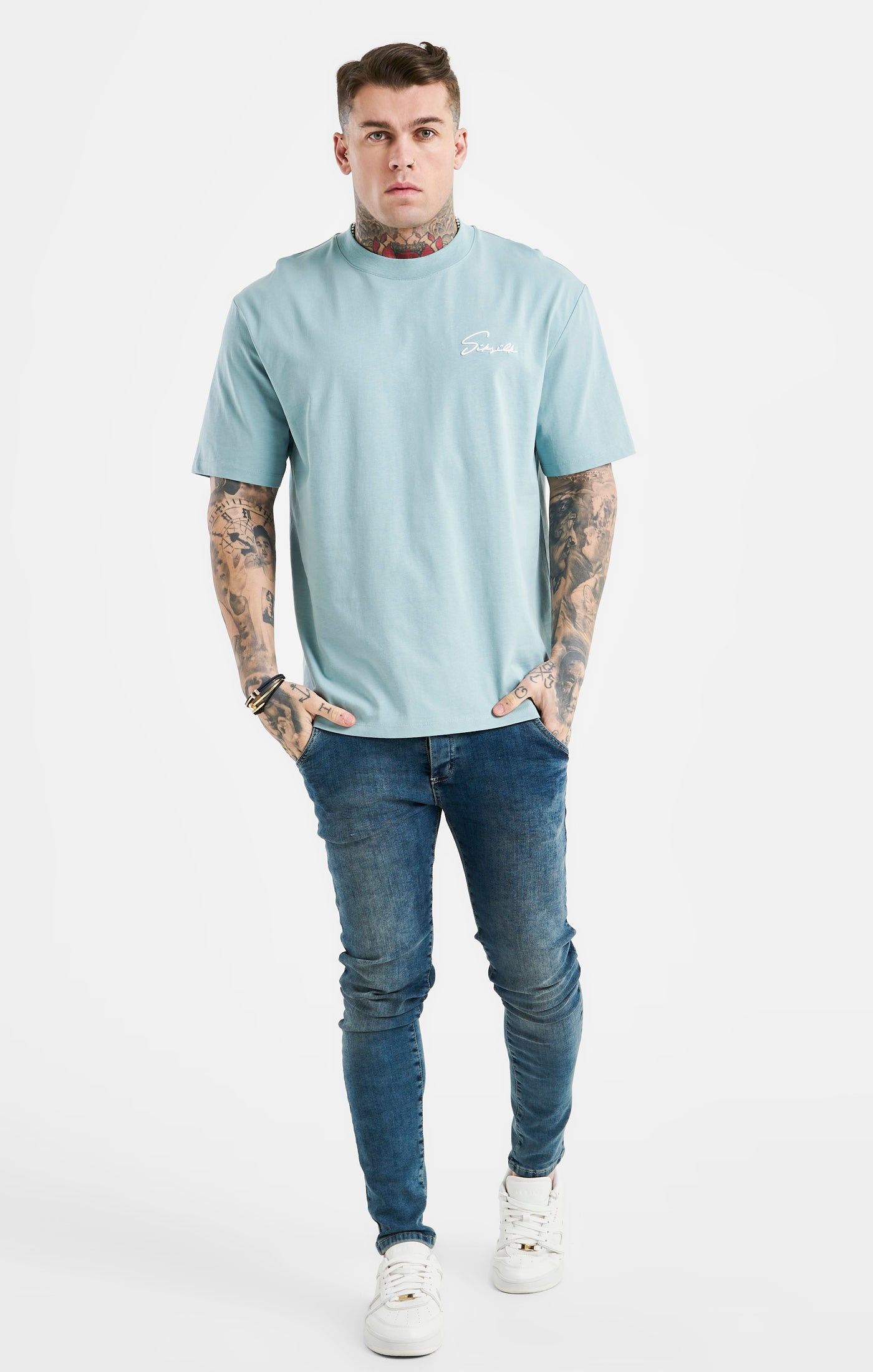 Blue Script Embroidery Oversized T-Shirt sold by Siksilk product image thumbnail 4