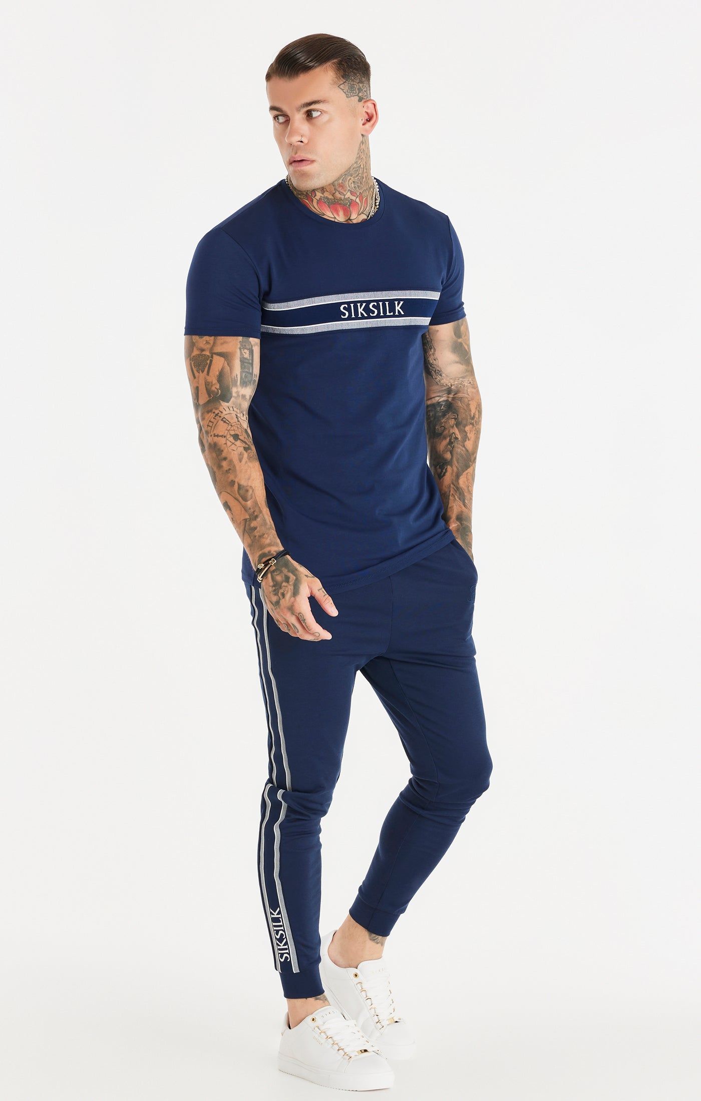Navy Knitted Tape Muscle Fit T-Shirt sold by Siksilk product image thumbnail 4