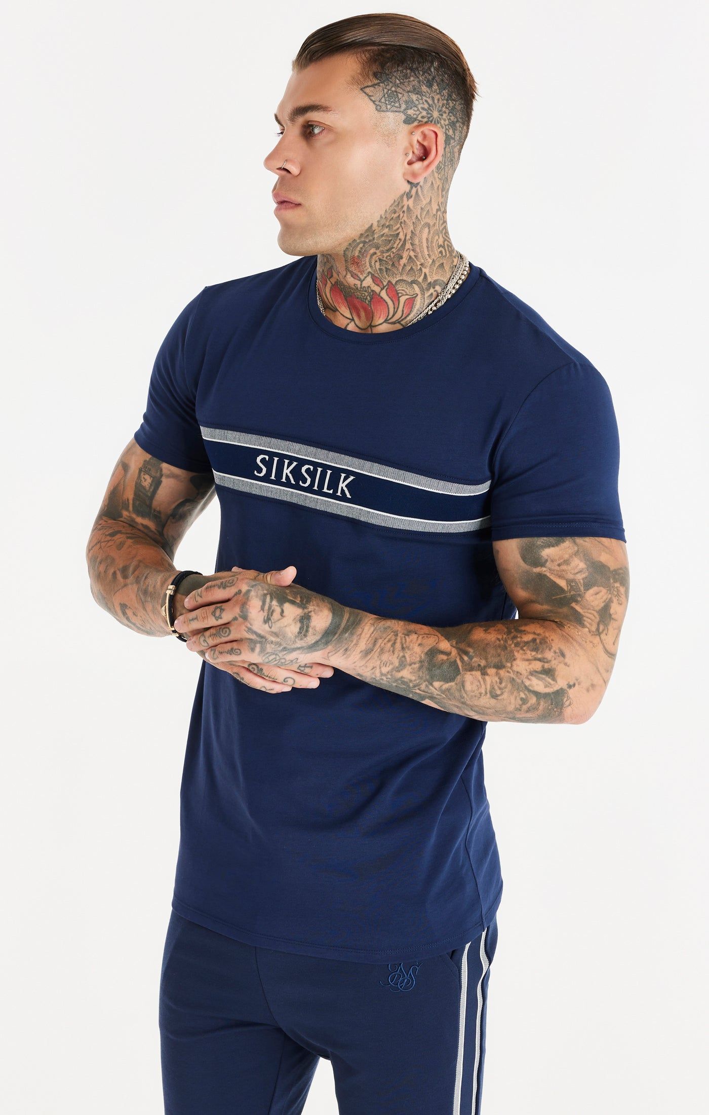 Navy Knitted Tape Muscle Fit T-Shirt sold by Siksilk