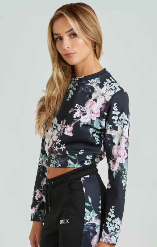 Black Floral Print Cropped Sweatshirt sold by Siksilk